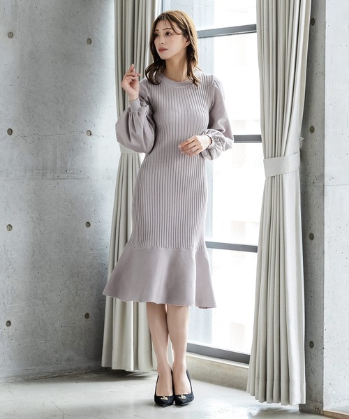 Julia Boutique（ジュリアブティック）の「ミディアム丈・バルーンスリーブマーメイドニットワンピース/22555（ワンピース・レディース・ブラック/モカ/ピンク/アイボリー/グレイッシュベージュ/グレー・MEDIUM）」の11枚目の写真