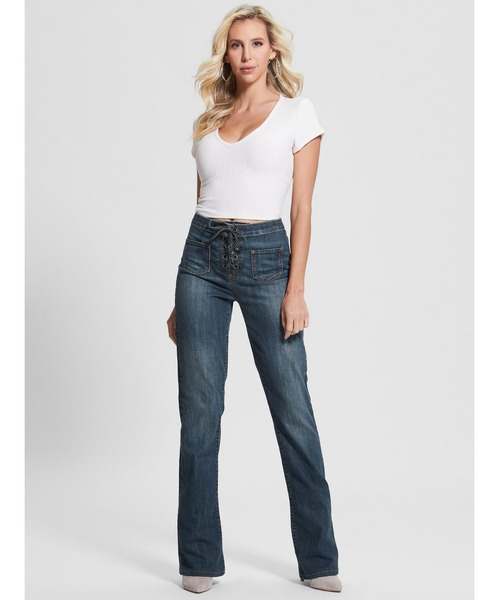 Guess（ゲス）の「Harlow Lace-Up Flare Jeans（デニムパンツ・レディース・インディゴブルー・25inch/26inch/24inch/27inch）」の7枚目の写真