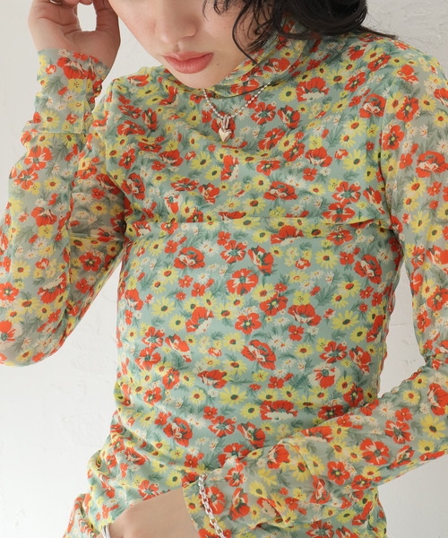 セール】【GANNI / ガニー】 Printed Mesh Long Sleeve Fitted