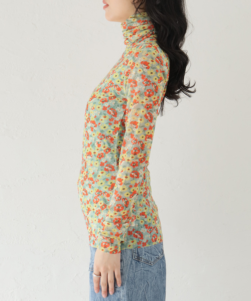 セール】【GANNI / ガニー】 Printed Mesh Long Sleeve Fitted