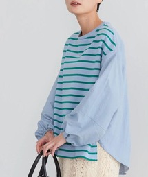 袖ボリューム異素材ボーダーポンチプルオーバー
