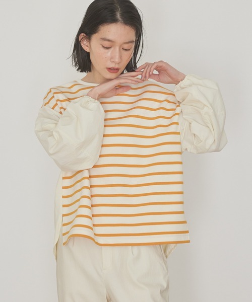 AMERICAN HOLIC(アメリカンホリック)の「袖ボリューム異素材ボーダーポンチプルオーバー(Tシャツ/カットソー・レディース・アイボリー/ブルー/イエロー/サックスブルー・M/L)」の4枚目の写真