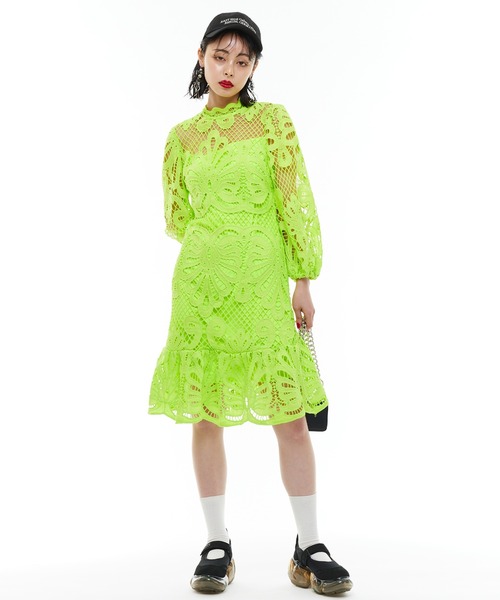Narcissus(ナルシス)の「【Narcissus】レースメッシュワンピース(ワンピース・レディース・ホワイト/ライム・FREE)」の6枚目の写真