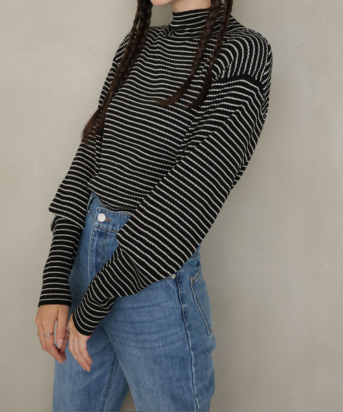 Girly Doll(ガーリードール)の「ボーダーハイネックニット(ニット/セーター・レディース・グリーン/ライトピンク/ブラック/オフホワイト/ブルー/グレー・F)」の18枚目の写真