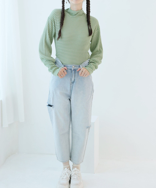 Girly Doll(ガーリードール)の「ボーダーハイネックニット(ニット/セーター・レディース・グリーン/ライトピンク/ブラック/オフホワイト/ブルー/グレー・F)」の19枚目の写真