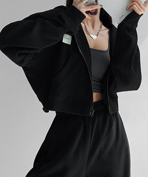 gossip！ロサンゼルス（ゴシップロサンゼルス）の「YUGA　フード付きショートトレーナー（パーカー・レディース・ライトグレー/ブラック・FREE）」の5枚目の写真