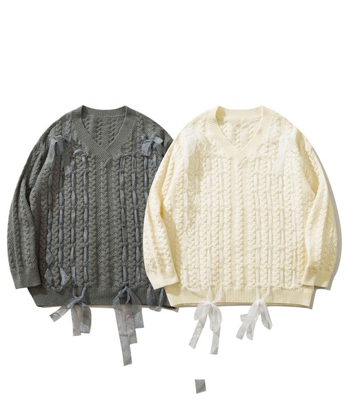 HOOK(フック)の「【HOOK】for girls ケーブル編みリボン通しデザインニット (AW)(ニット/セーター・レディース・ライトベージュ/グレー・S/M/L/XL)」の3枚目の写真