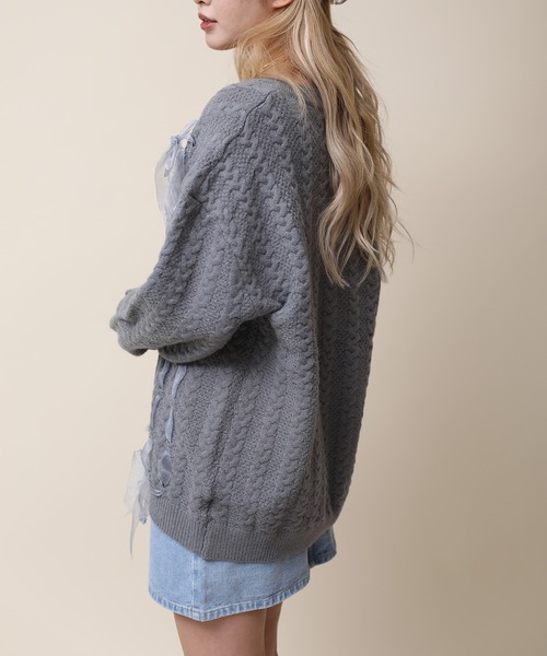 HOOK(フック)の「【HOOK】for girls ケーブル編みリボン通しデザインニット (AW)(ニット/セーター・レディース・ライトベージュ/グレー・S/M/L/XL)」の16枚目の写真