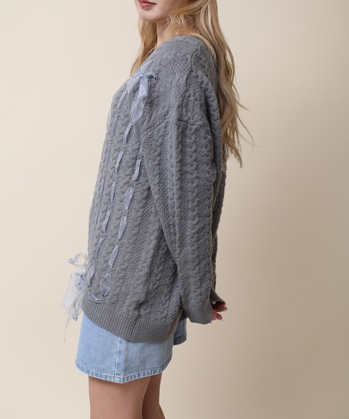 HOOK(フック)の「【HOOK】for girls ケーブル編みリボン通しデザインニット (AW)(ニット/セーター・レディース・ライトベージュ/グレー・S/M/L/XL)」の17枚目の写真