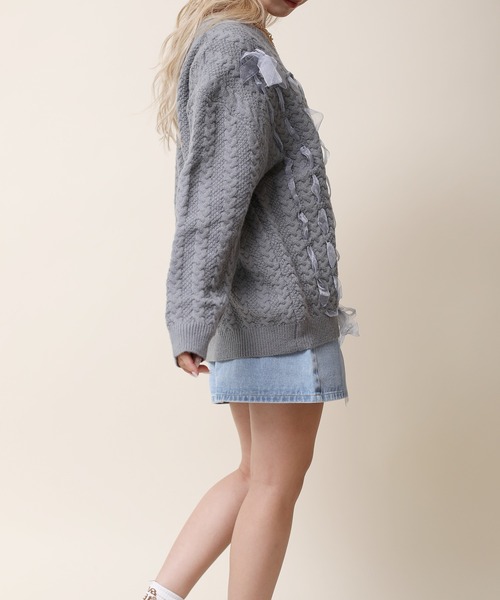 HOOK(フック)の「【HOOK】for girls ケーブル編みリボン通しデザインニット (AW)(ニット/セーター・レディース・ライトベージュ/グレー・S/M/L/XL)」の20枚目の写真