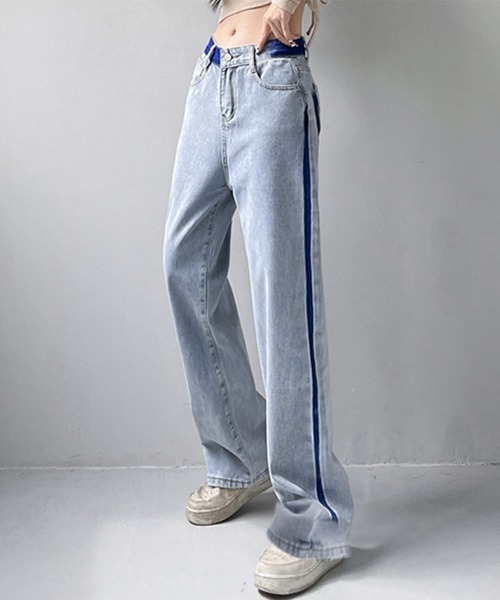 Miniministore(ミニミニストア)の「配色ストレートデニムパンツ ハイウエスト(デニムパンツ・レディース・サックスブルー・L/XL/M/S)」の1枚目の写真