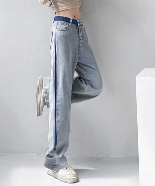 Miniministore(ミニミニストア)の「配色ストレートデニムパンツ ハイウエスト(デニムパンツ・レディース・サックスブルー・L/XL/M/S)」の5枚目の写真