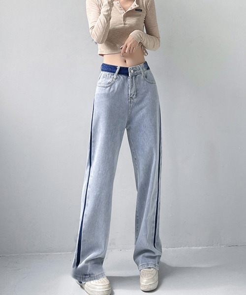 Miniministore(ミニミニストア)の「配色ストレートデニムパンツ ハイウエスト(デニムパンツ・レディース・サックスブルー・L/XL/M/S)」の2枚目の写真