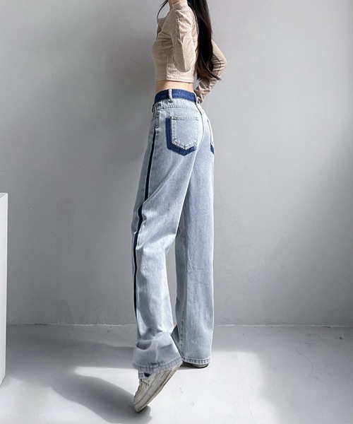Miniministore(ミニミニストア)の「配色ストレートデニムパンツ ハイウエスト(デニムパンツ・レディース・サックスブルー・L/XL/M/S)」の13枚目の写真