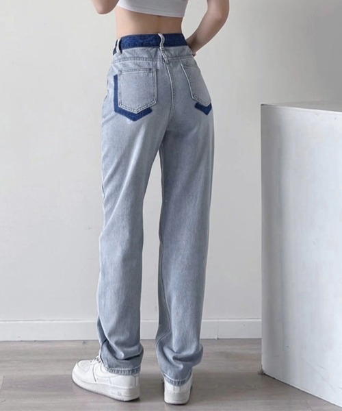 Miniministore(ミニミニストア)の「配色ストレートデニムパンツ ハイウエスト(デニムパンツ・レディース・サックスブルー・L/XL/M/S)」の8枚目の写真