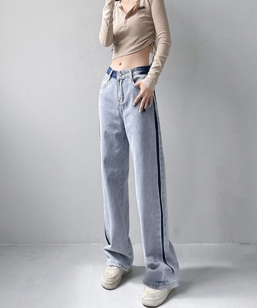 Miniministore(ミニミニストア)の「配色ストレートデニムパンツ ハイウエスト(デニムパンツ・レディース・サックスブルー・L/XL/M/S)」の16枚目の写真