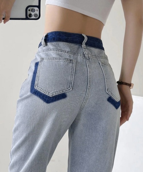 Miniministore(ミニミニストア)の「配色ストレートデニムパンツ ハイウエスト(デニムパンツ・レディース・サックスブルー・L/XL/M/S)」の3枚目の写真