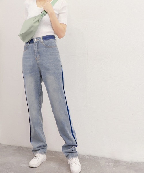 Miniministore(ミニミニストア)の「配色ストレートデニムパンツ ハイウエスト(デニムパンツ・レディース・サックスブルー・L/XL/M/S)」の19枚目の写真
