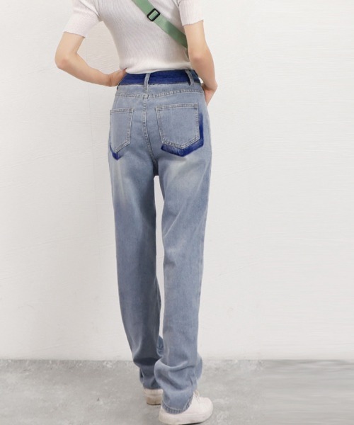Miniministore(ミニミニストア)の「配色ストレートデニムパンツ ハイウエスト(デニムパンツ・レディース・サックスブルー・L/XL/M/S)」の9枚目の写真