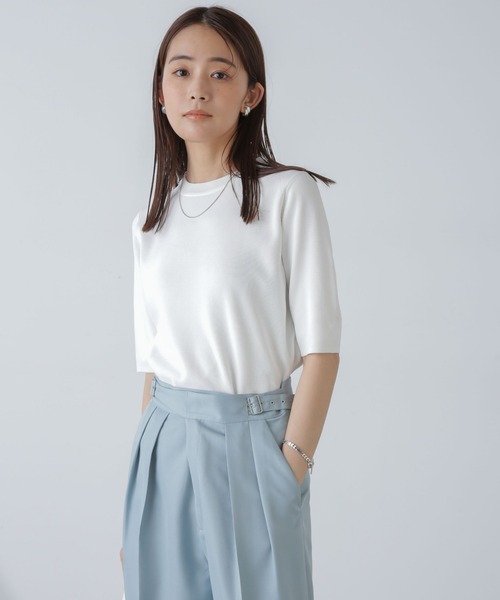 NANO universe（ナノユニバース）の「【追加生産】洗濯機可UVカット接触冷感半袖ニット（ニット/セーター・レディース・ホワイト/ライム/ブラック・FREE）」の2枚目の写真