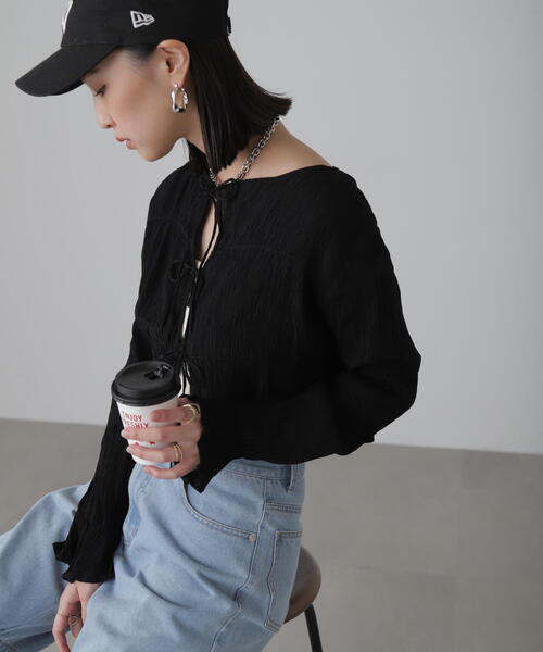 FREE'S MART(フリーズマート)の「◇シアーギャザー前開き短丈ブラウス(カーディガン/ボレロ・レディース・オレンジ/ライトグリーン/ホワイト/イエロー/ブラック・FREE)」の8枚目の写真