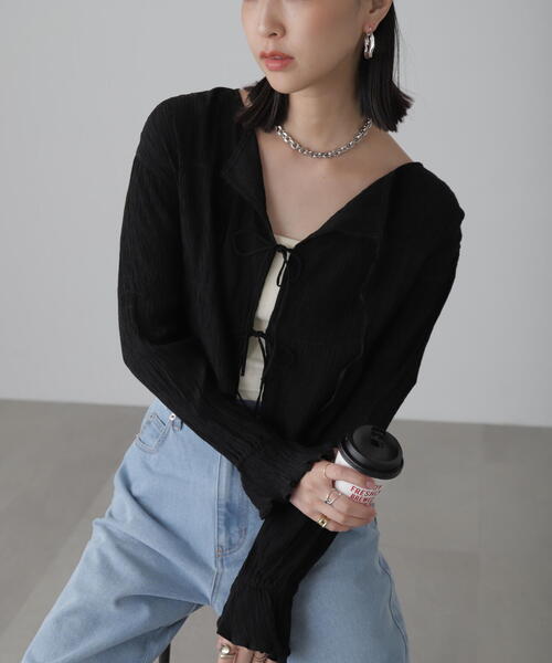 FREE'S MART(フリーズマート)の「◇シアーギャザー前開き短丈ブラウス(カーディガン/ボレロ・レディース・オレンジ/ライトグリーン/ホワイト/イエロー/ブラック・FREE)」の9枚目の写真