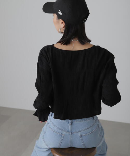 FREE'S MART(フリーズマート)の「◇シアーギャザー前開き短丈ブラウス(カーディガン/ボレロ・レディース・オレンジ/ライトグリーン/ホワイト/イエロー/ブラック・FREE)」の13枚目の写真