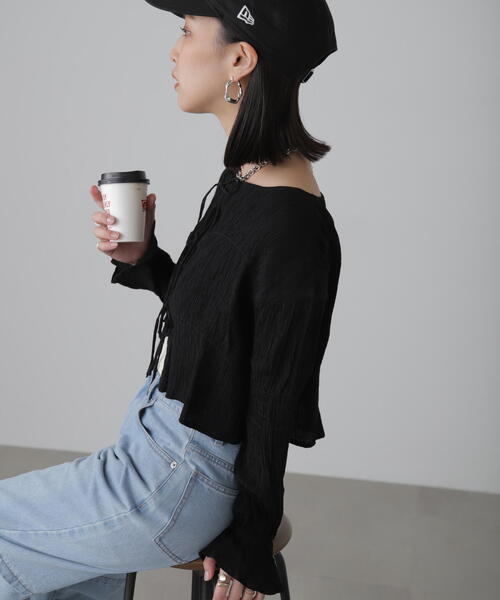 FREE'S MART(フリーズマート)の「◇シアーギャザー前開き短丈ブラウス(カーディガン/ボレロ・レディース・オレンジ/ライトグリーン/ホワイト/イエロー/ブラック・FREE)」の16枚目の写真