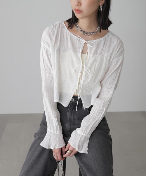 FREE'S MART(フリーズマート)の「◇シアーギャザー前開き短丈ブラウス(カーディガン/ボレロ・レディース・オレンジ/ライトグリーン/ホワイト/イエロー/ブラック・FREE)」の22枚目の写真