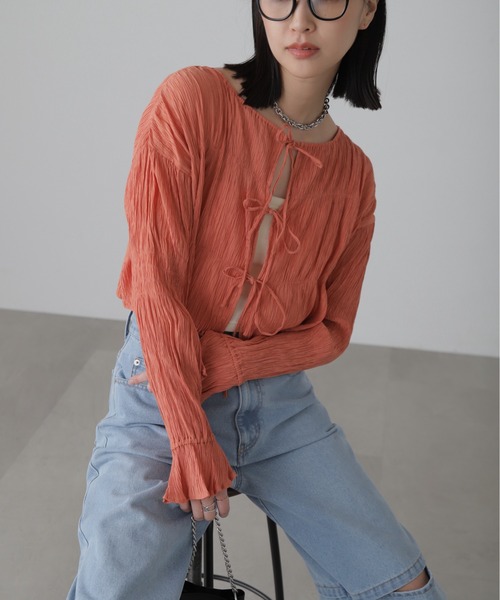 FREE'S MART(フリーズマート)の「◇シアーギャザー前開き短丈ブラウス(カーディガン/ボレロ・レディース・オレンジ/ライトグリーン/ホワイト/イエロー/ブラック・FREE)」の5枚目の写真