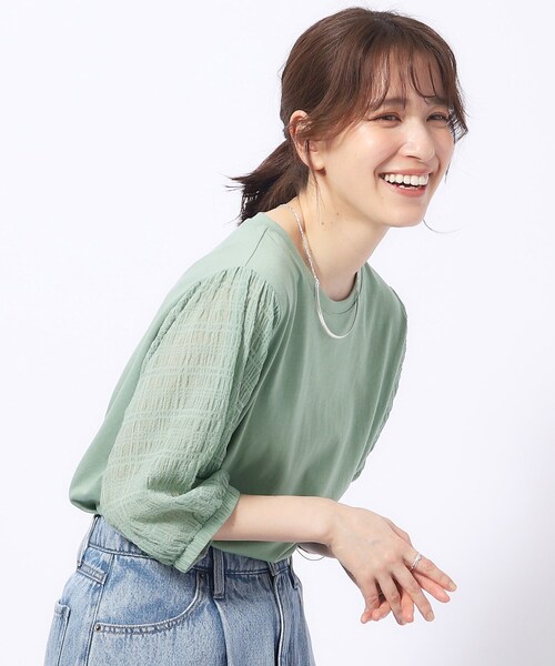 SHOO・LA・RUE(シューラルー)の「◆【洗える/二の腕カバー】上品な透け感 シアーパフ5分袖トップス(Tシャツ/カットソー・レディース・ベビーピンク/ブラック/グリーン系/ホワイト・04/03/02)」の3枚目の写真