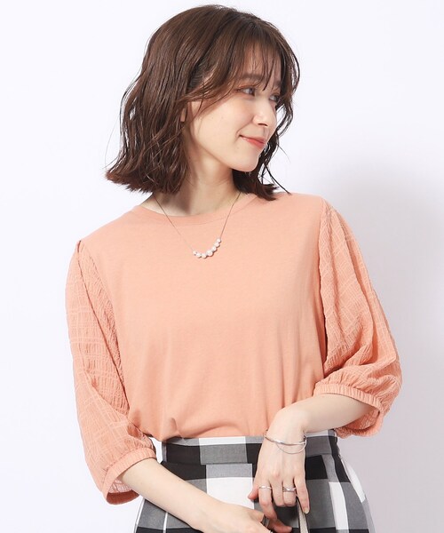 SHOO・LA・RUE(シューラルー)の「◆【洗える/二の腕カバー】上品な透け感 シアーパフ5分袖トップス(Tシャツ/カットソー・レディース・ベビーピンク/ブラック/グリーン系/ホワイト・04/03/02)」の4枚目の写真