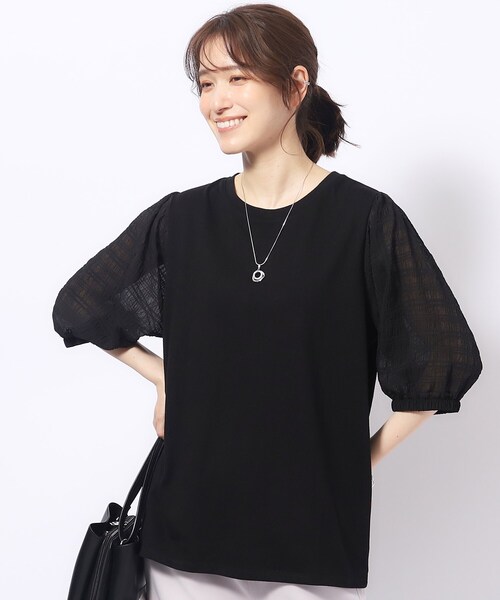 SHOO・LA・RUE(シューラルー)の「◆【洗える/二の腕カバー】上品な透け感 シアーパフ5分袖トップス(Tシャツ/カットソー・レディース・ベビーピンク/ブラック/グリーン系/ホワイト・04/03/02)」の2枚目の写真