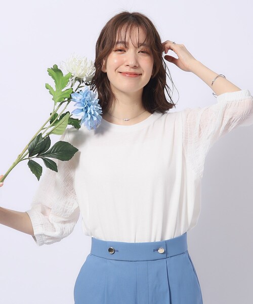 SHOO・LA・RUE(シューラルー)の「◆【洗える/二の腕カバー】上品な透け感 シアーパフ5分袖トップス(Tシャツ/カットソー・レディース・ベビーピンク/ブラック/グリーン系/ホワイト・04/03/02)」の5枚目の写真