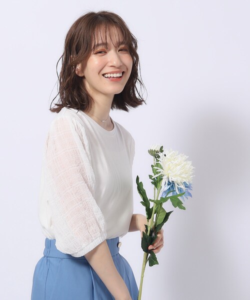 SHOO・LA・RUE(シューラルー)の「◆【洗える/二の腕カバー】上品な透け感 シアーパフ5分袖トップス(Tシャツ/カットソー・レディース・ベビーピンク/ブラック/グリーン系/ホワイト・04/03/02)」の6枚目の写真