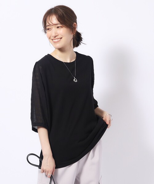 SHOO・LA・RUE(シューラルー)の「◆【洗える/二の腕カバー】上品な透け感 シアーパフ5分袖トップス(Tシャツ/カットソー・レディース・ベビーピンク/ブラック/グリーン系/ホワイト・04/03/02)」の17枚目の写真