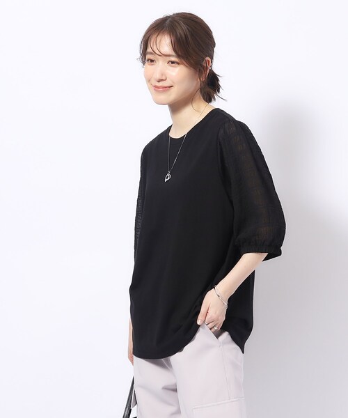 SHOO・LA・RUE(シューラルー)の「◆【洗える/二の腕カバー】上品な透け感 シアーパフ5分袖トップス(Tシャツ/カットソー・レディース・ベビーピンク/ブラック/グリーン系/ホワイト・04/03/02)」の18枚目の写真