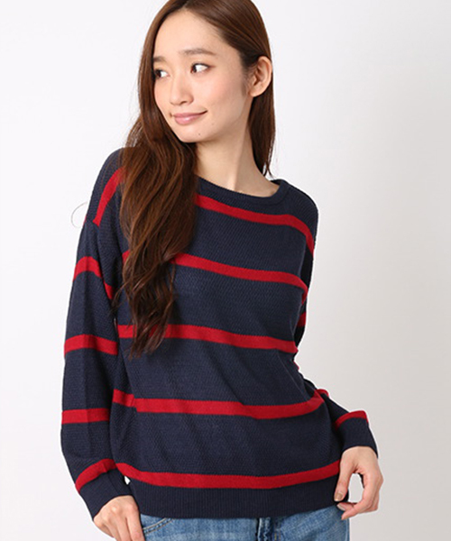 SEVENDAYS=SUNDAY（セブンデイズサンデイ）の「アクリルコットン　カノコボーダー長袖プルオーバー（ニット/セーター・レディース・カーキ/ネイビー/オフホワイト・FREE）」の3枚目の写真