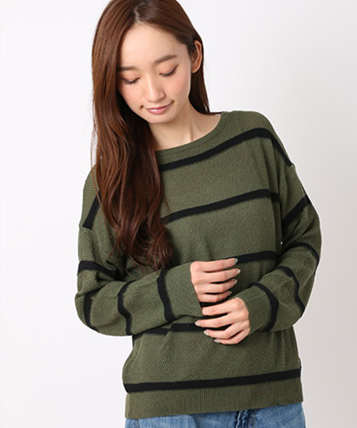 SEVENDAYS=SUNDAY（セブンデイズサンデイ）の「アクリルコットン　カノコボーダー長袖プルオーバー（ニット/セーター・レディース・カーキ/ネイビー/オフホワイト・FREE）」の2枚目の写真