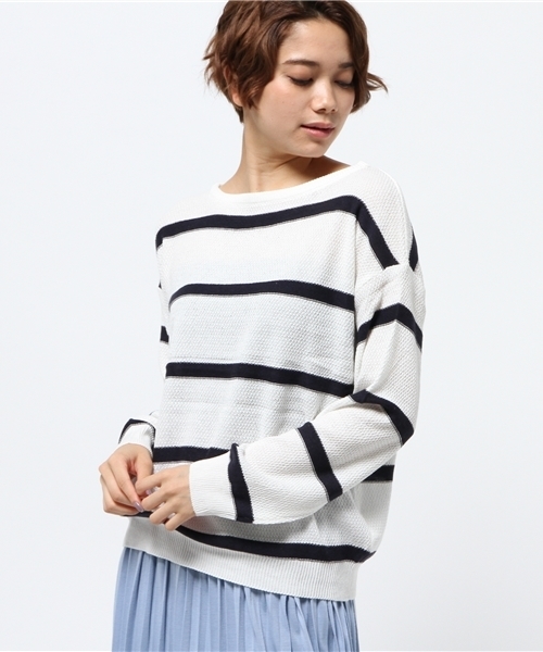 SEVENDAYS=SUNDAY（セブンデイズサンデイ）の「アクリルコットン　カノコボーダー長袖プルオーバー（ニット/セーター・レディース・カーキ/ネイビー/オフホワイト・FREE）」の14枚目の写真