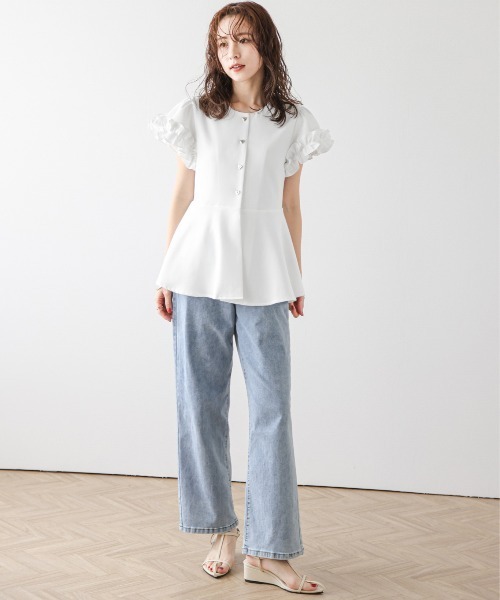 MUGUET ハートボタンペプラムトップス グレー KOBE LETTUCE トップス レディース 半袖 サマーニット ペプラム