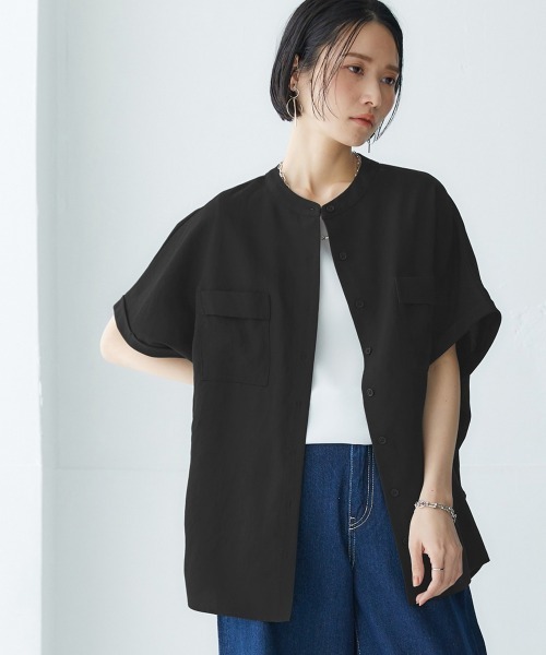 Soiunique（スワユニーク）の「胸ポケットフレンチスリーブシャツ ［Soiunique］（シャツ/ブラウス・レディース・ブラック/ベージュ・M/L/LL）」の2枚目の写真