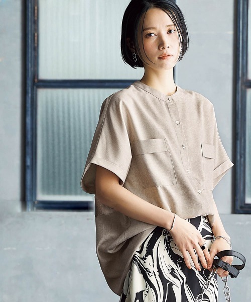 Soiunique（スワユニーク）の「胸ポケットフレンチスリーブシャツ ［Soiunique］（シャツ/ブラウス・レディース・ブラック/ベージュ・M/L/LL）」の3枚目の写真