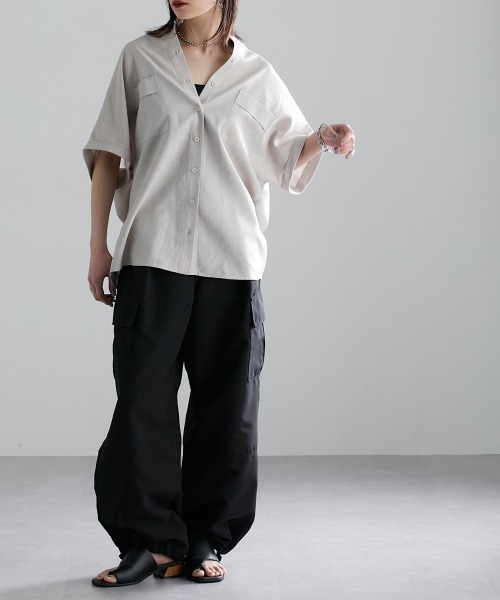 Soiunique（スワユニーク）の「胸ポケットフレンチスリーブシャツ ［Soiunique］（シャツ/ブラウス・レディース・ブラック/ベージュ・M/L/LL）」の8枚目の写真