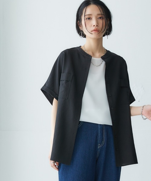 Soiunique（スワユニーク）の「胸ポケットフレンチスリーブシャツ ［Soiunique］（シャツ/ブラウス・レディース・ブラック/ベージュ・M/L/LL）」の14枚目の写真