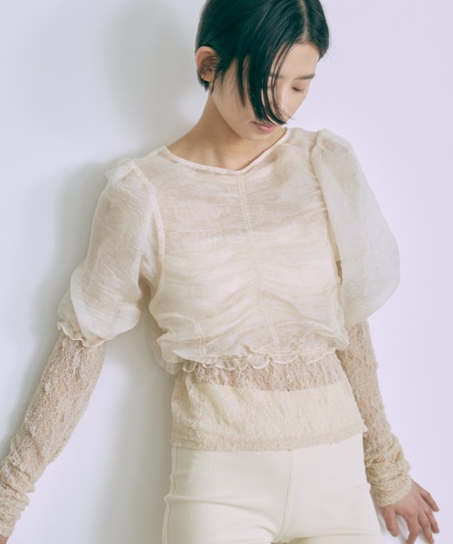 EN NEUME(エンノイム)の「Sheer Crinkled Top(シャツ/ブラウス・レディース・アイボリー/ブラック/イエロー×グリーン/ベージュ・FREE)」の1枚目の写真
