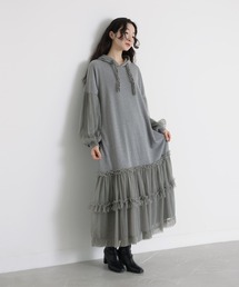 チュールドッキング裏毛ワンピース