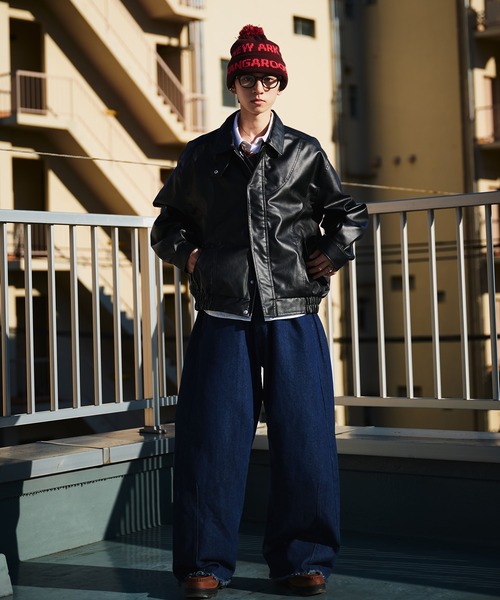 Adoon plain（アドーンプレーン）の「VINTAGE LIKE ARTIFICIAL GRAIN JACKET / ヴィンテージライク合皮ジャケット（ブルゾン・メンズ・ブラック系/ブラック・LARGE/MEDIUM）」の22枚目の写真