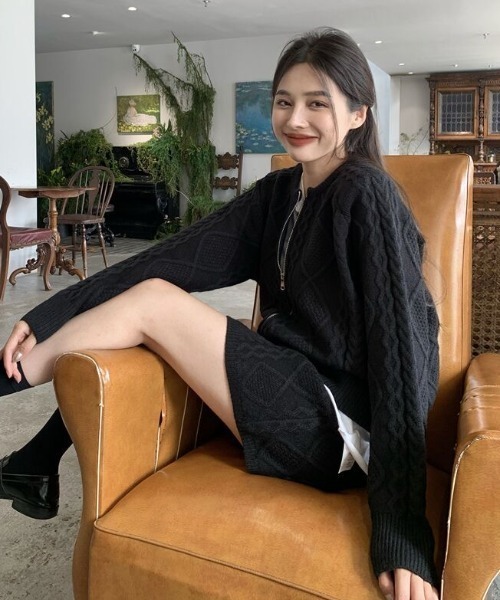 セール】セットアップ ケーブルジップアップニットカーディガン+ミニ