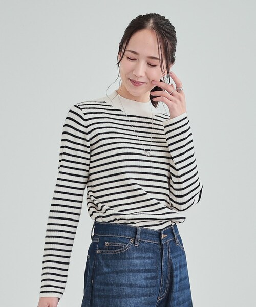 セール】【洗える】1枚でこなれ見え 配色ライン リブハイネックニット